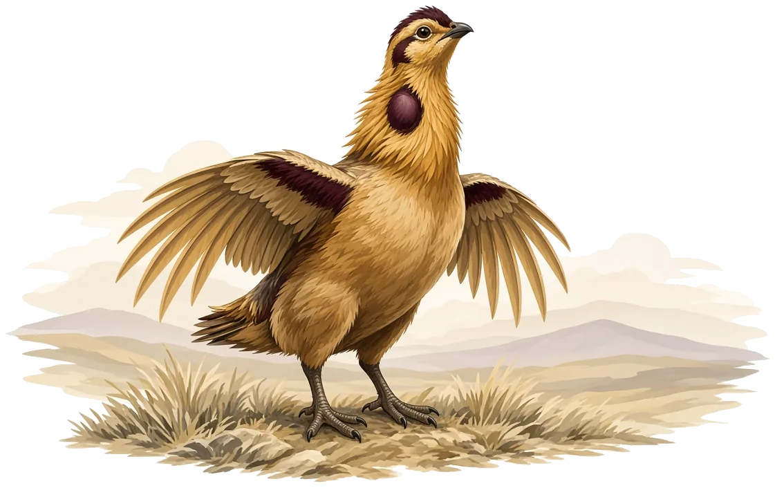 A lesser prairie chicken with wings spread over the high plains
